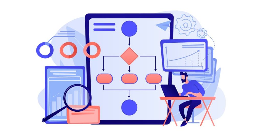 Ilustración de análisis de procesos y gestión empresarial con software Sage y automatización de datos