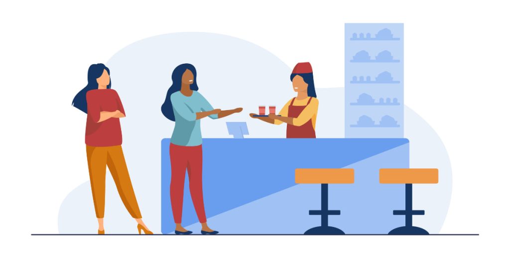 Ilustración de TPV para hostelería en un bar con camarera atendiendo a clientes en mostrador